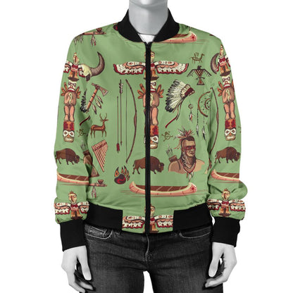 Native Indian Themed Design Print Women Casual Bomber Jacket