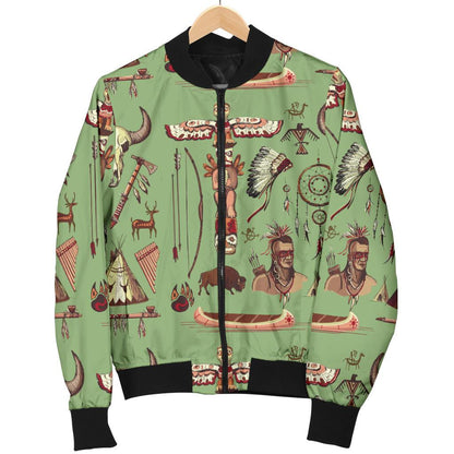 Native Indian Themed Design Print Women Casual Bomber Jacket