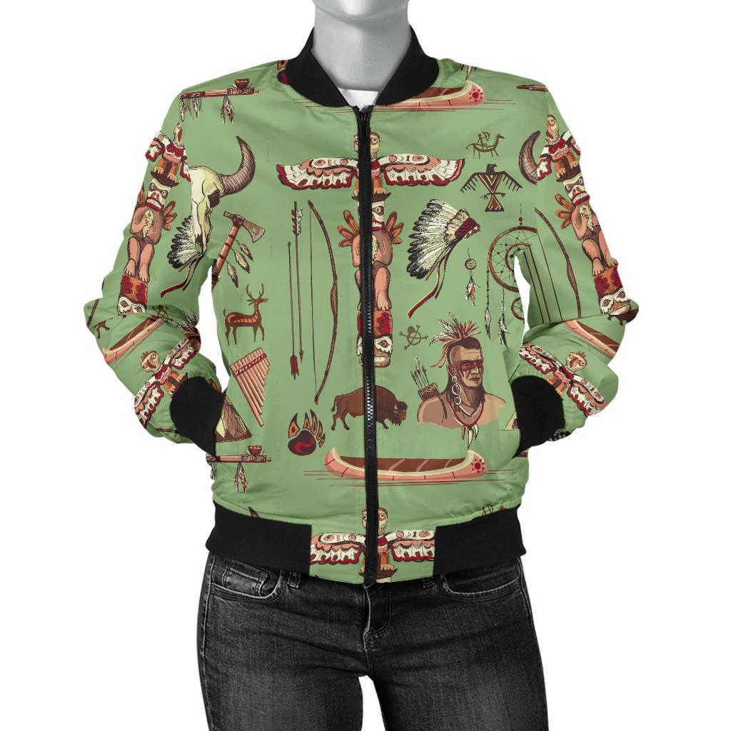Native Indian Themed Design Print Women Casual Bomber Jacket