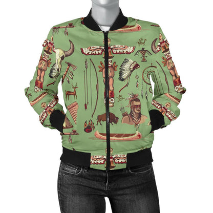 Native Indian Themed Design Print Women Casual Bomber Jacket