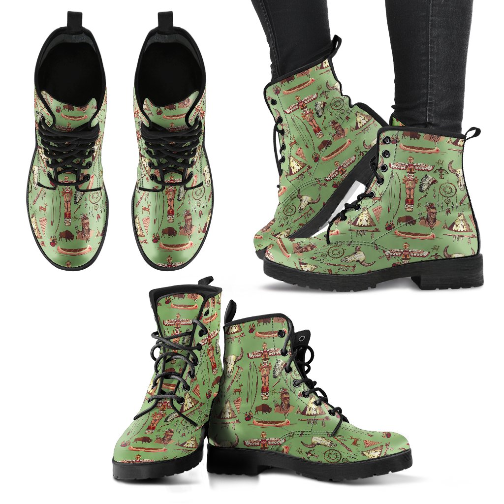 Native Indian Themed Design Print Women Leather Boots-JTAMIGO.COM
