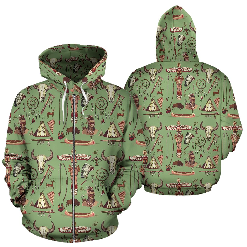 Native Indian Themed Design Print Zip Up Hoodie