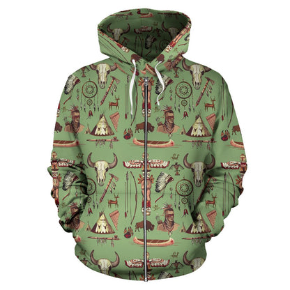 Native Indian Themed Design Print Zip Up Hoodie