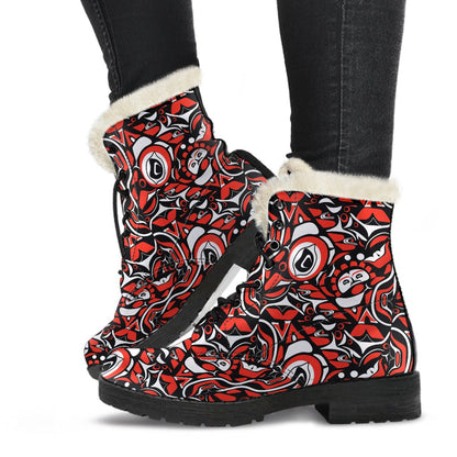 Native North American Themed Print Faux Fur Leather Boots-JTAMIGO.COM