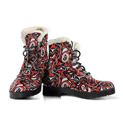 Native North American Themed Print Faux Fur Leather Boots-JTAMIGO.COM
