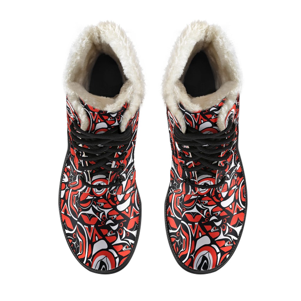 Native North American Themed Print Faux Fur Leather Boots-JTAMIGO.COM
