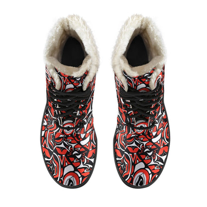 Native North American Themed Print Faux Fur Leather Boots-JTAMIGO.COM