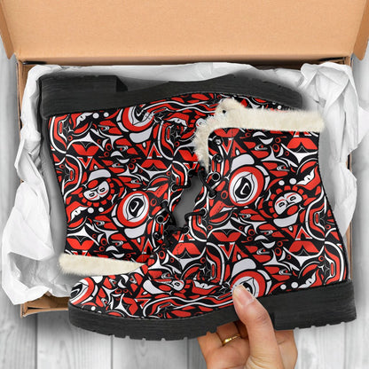 Native North American Themed Print Faux Fur Leather Boots-JTAMIGO.COM