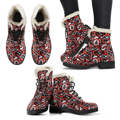 Native North American Themed Print Faux Fur Leather Boots-JTAMIGO.COM