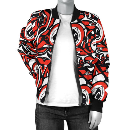 Native North American Themed Print Women Casual Bomber Jacket