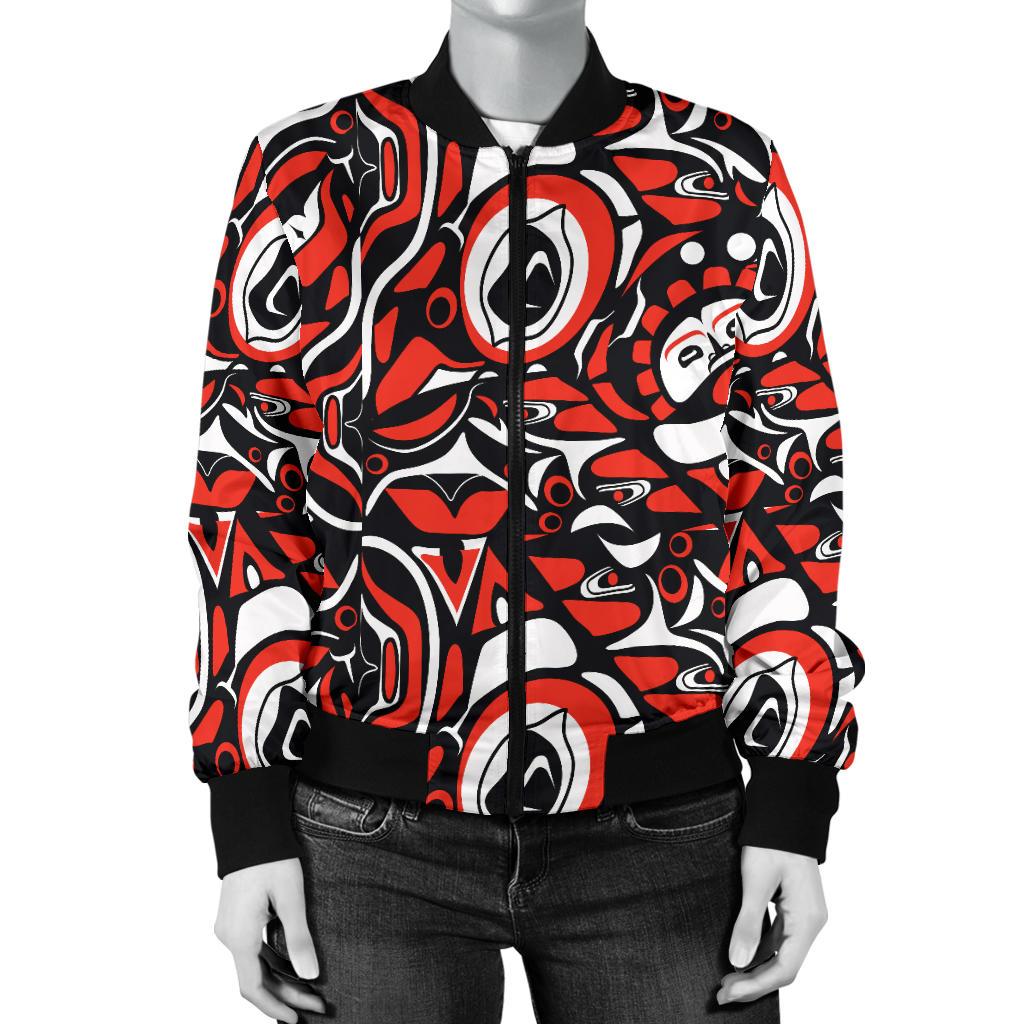 Native North American Themed Print Women Casual Bomber Jacket