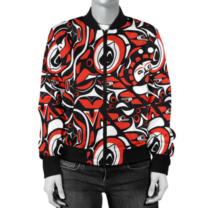 Native North American Themed Print Women Casual Bomber Jacket