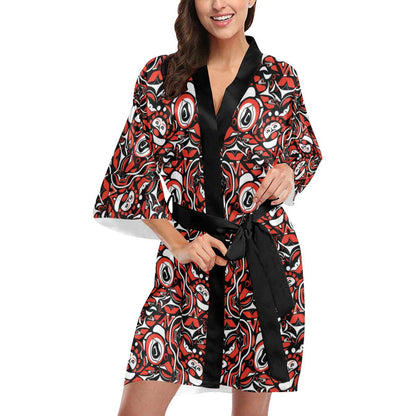 Native North American Themed Print Women Short Kimono Robe
