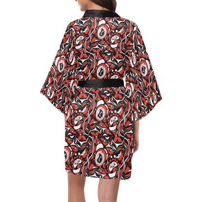 Native North American Themed Print Women Short Kimono Robe