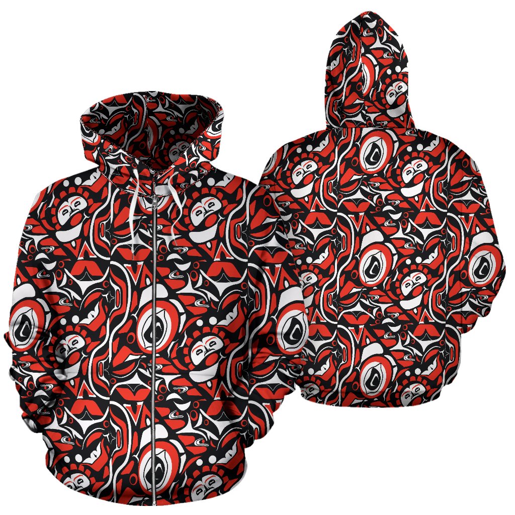 Native North American Themed Print Zip Up Hoodie
