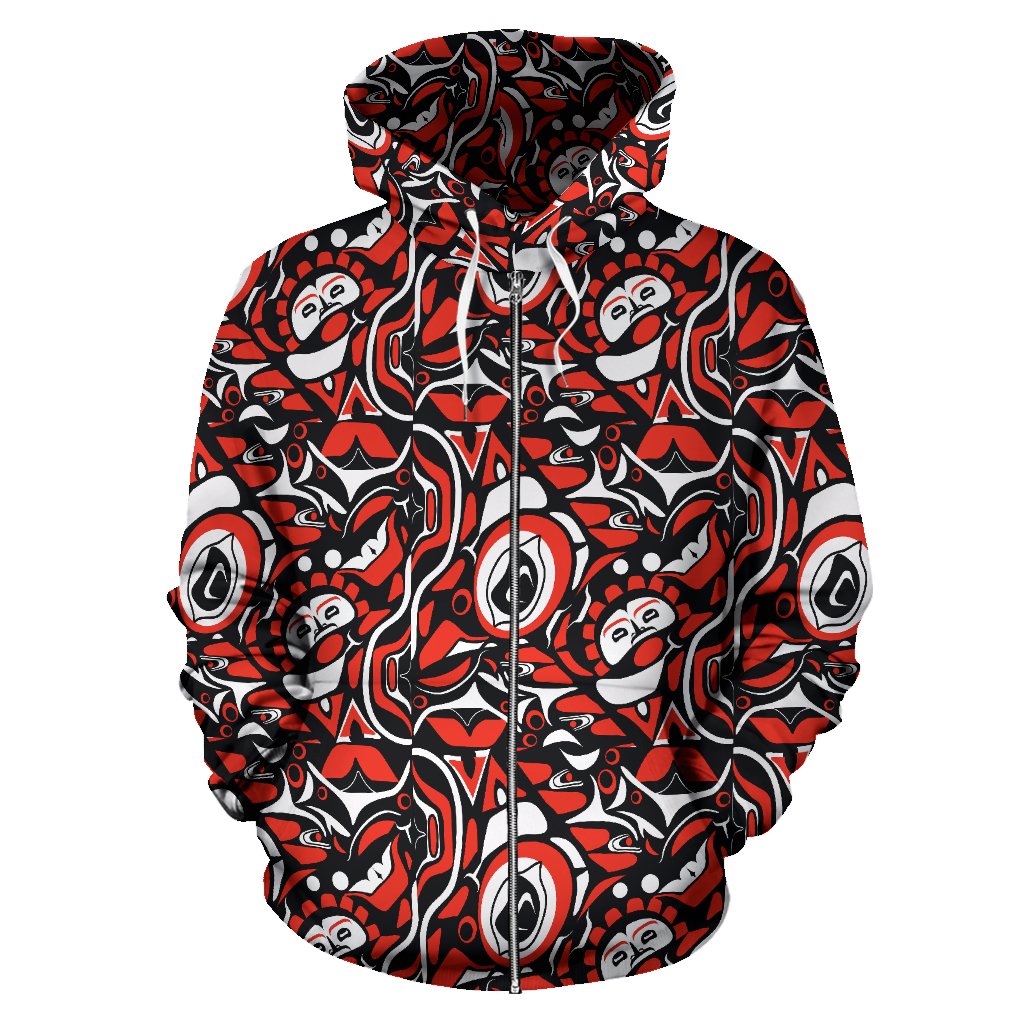 Native North American Themed Print Zip Up Hoodie