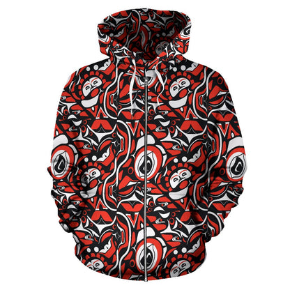 Native North American Themed Print Zip Up Hoodie