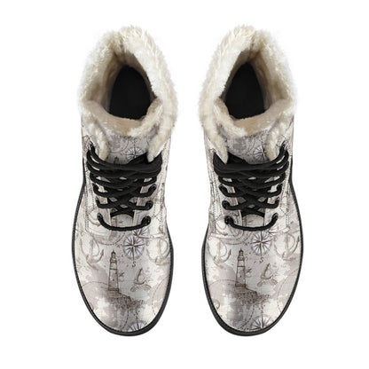 Nautical Map Design Themed Print Faux Fur Leather Boots-JTAMIGO.COM
