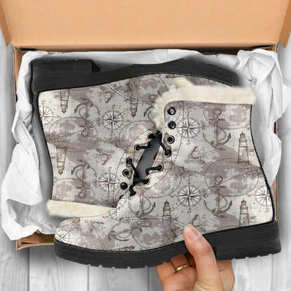 Nautical Map Design Themed Print Faux Fur Leather Boots-JTAMIGO.COM