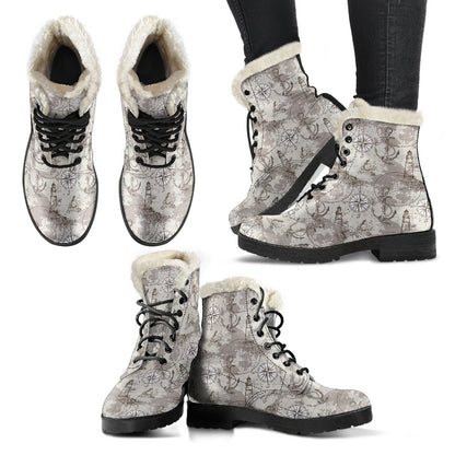 Nautical Map Design Themed Print Faux Fur Leather Boots-JTAMIGO.COM
