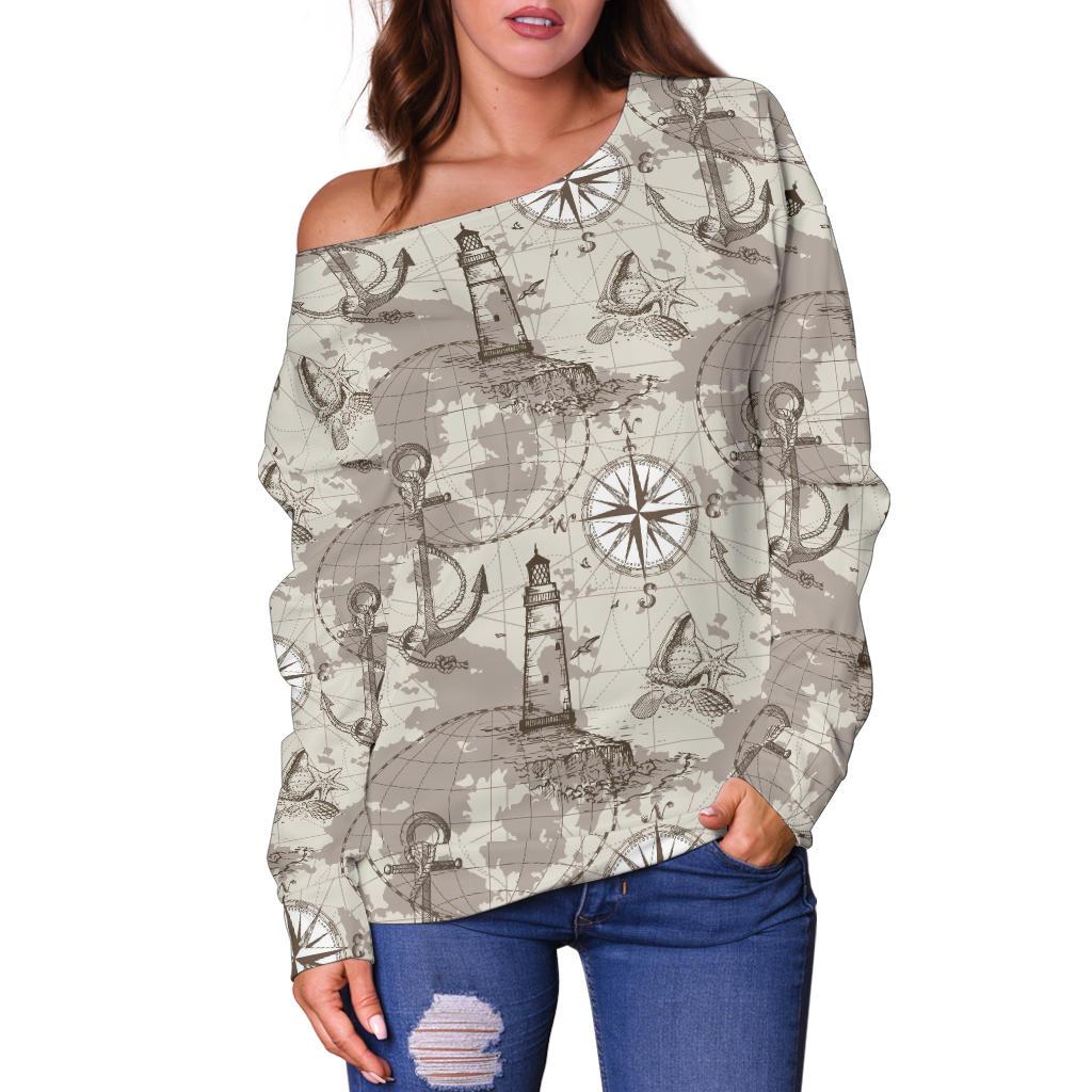 Nautical Map Design Themed Print Off Shoulder Sweatshirt