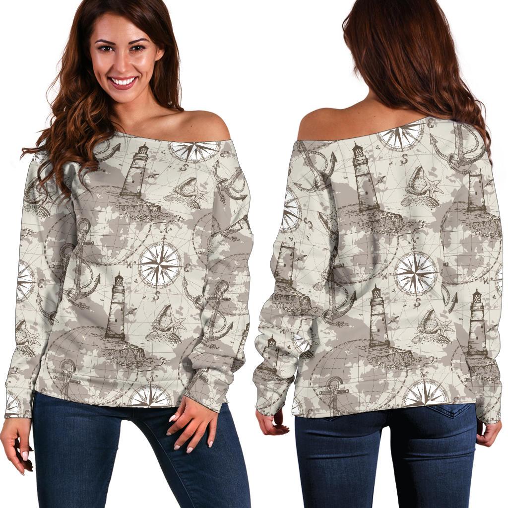Nautical Map Design Themed Print Off Shoulder Sweatshirt