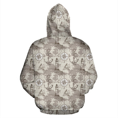 Nautical Map Design Themed Print Pullover Hoodie
