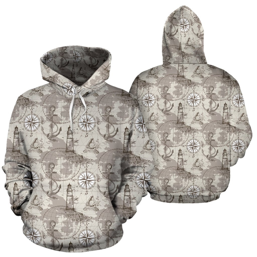 Nautical Map Design Themed Print Pullover Hoodie