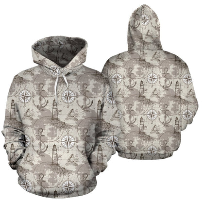 Nautical Map Design Themed Print Pullover Hoodie