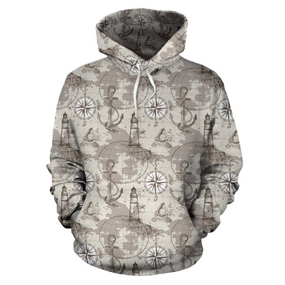 Nautical Map Design Themed Print Pullover Hoodie