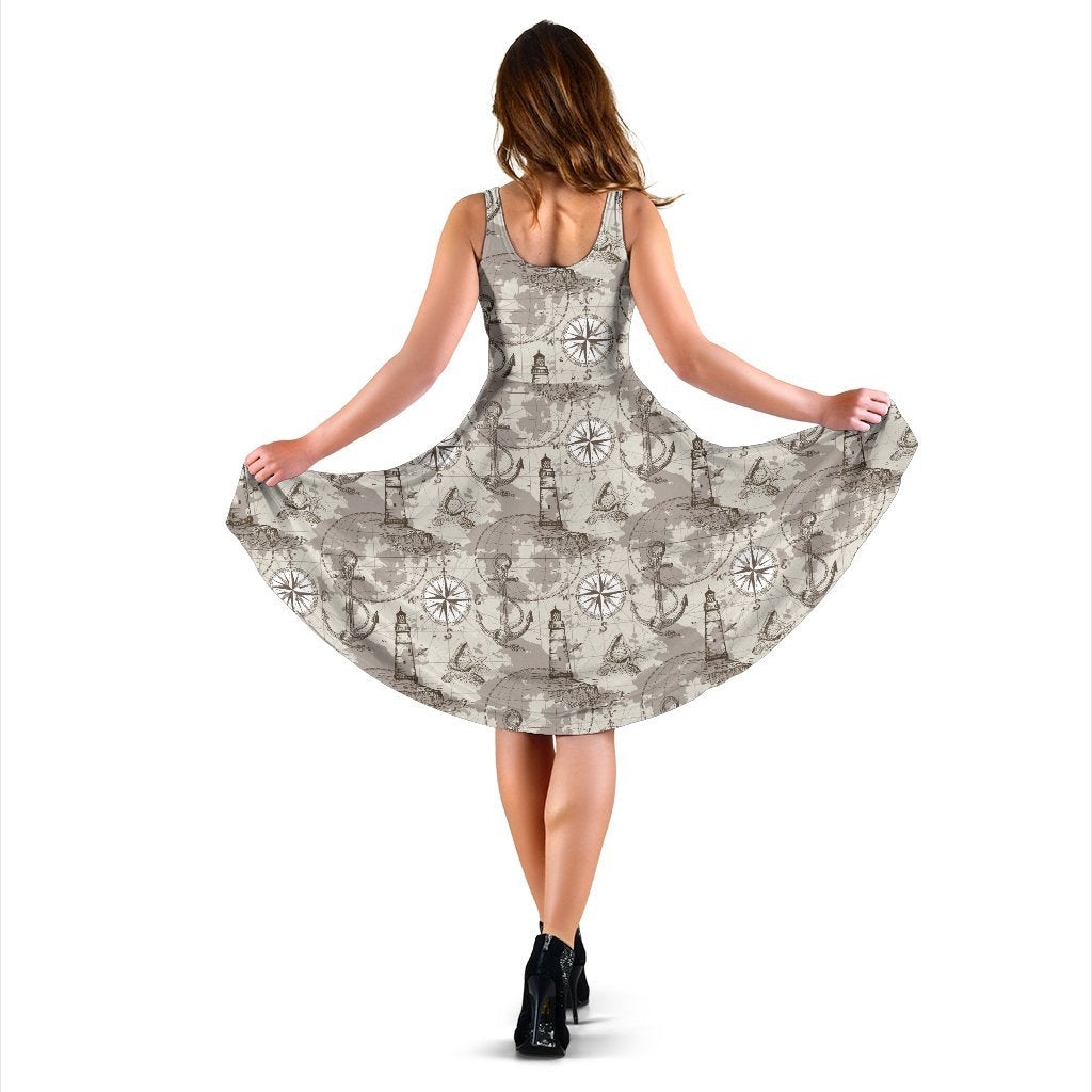 Nautical Map Design Themed Print Sleeveless Dress