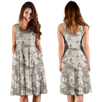 Nautical Map Design Themed Print Sleeveless Dress