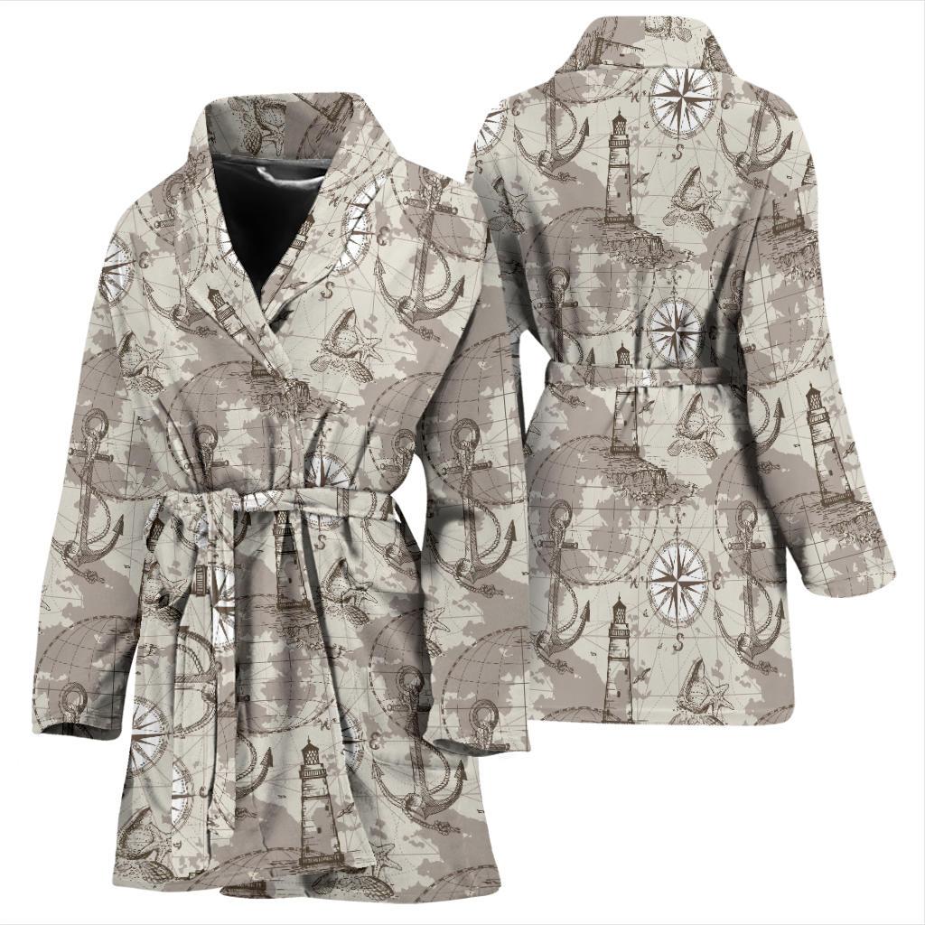 Nautical Map Design Themed Print Women Bath Robe-JTAMIGO.COM