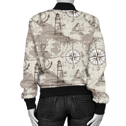 Nautical Map Design Themed Print Women Casual Bomber Jacket