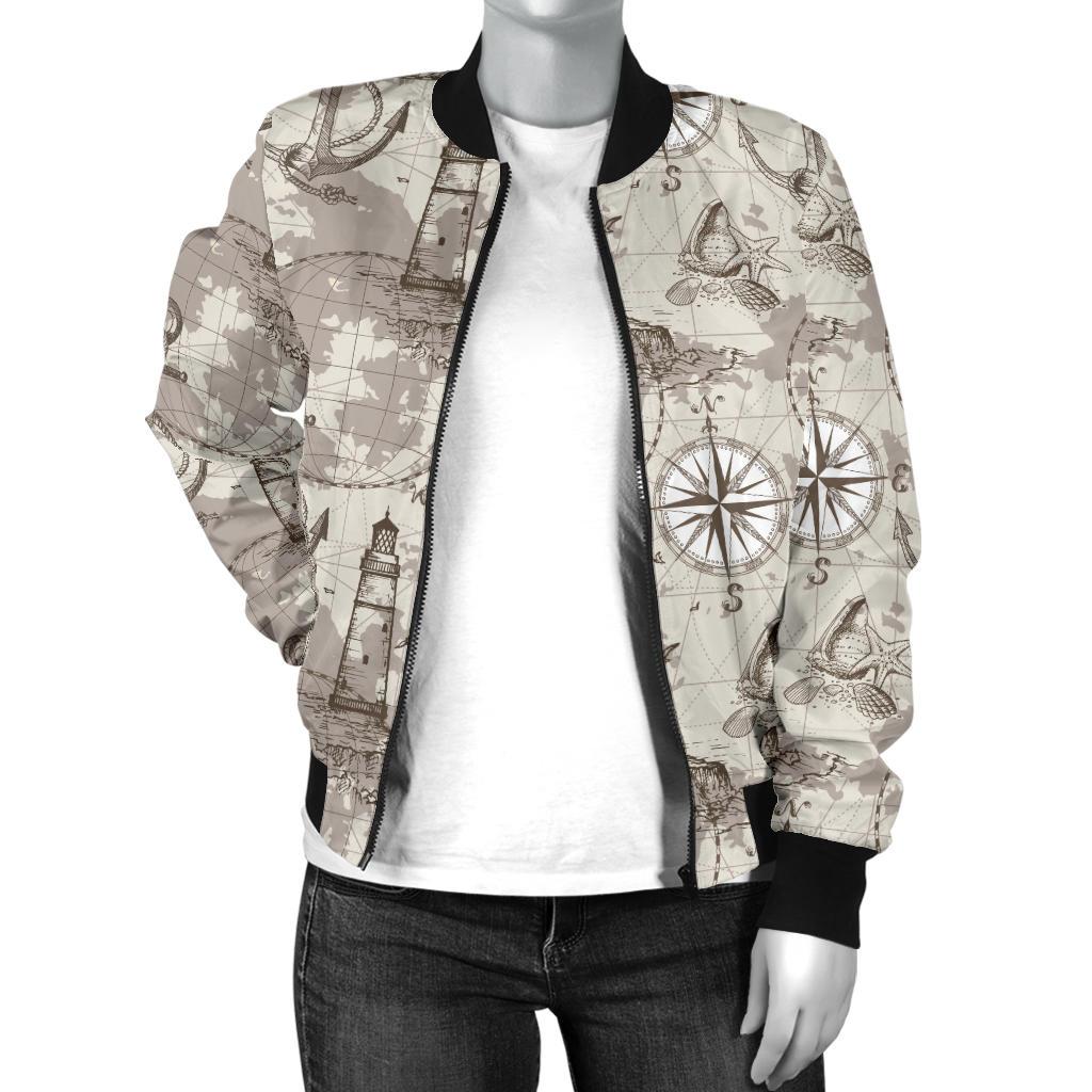 Nautical Map Design Themed Print Women Casual Bomber Jacket