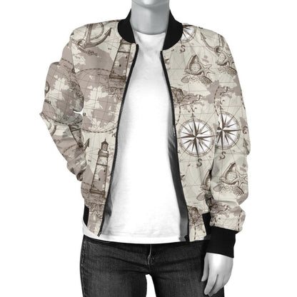 Nautical Map Design Themed Print Women Casual Bomber Jacket