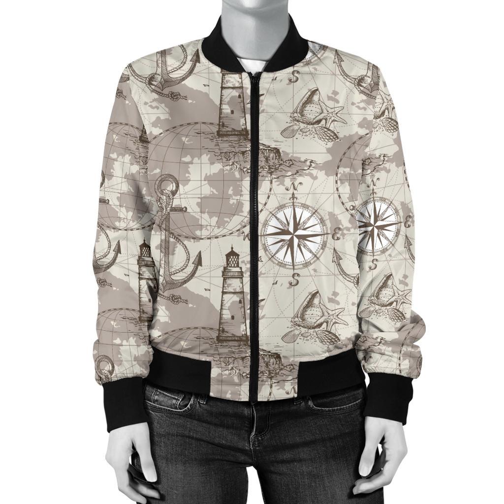 Nautical Map Design Themed Print Women Casual Bomber Jacket