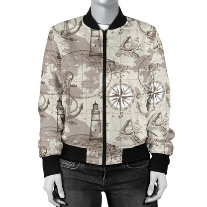 Nautical Map Design Themed Print Women Casual Bomber Jacket