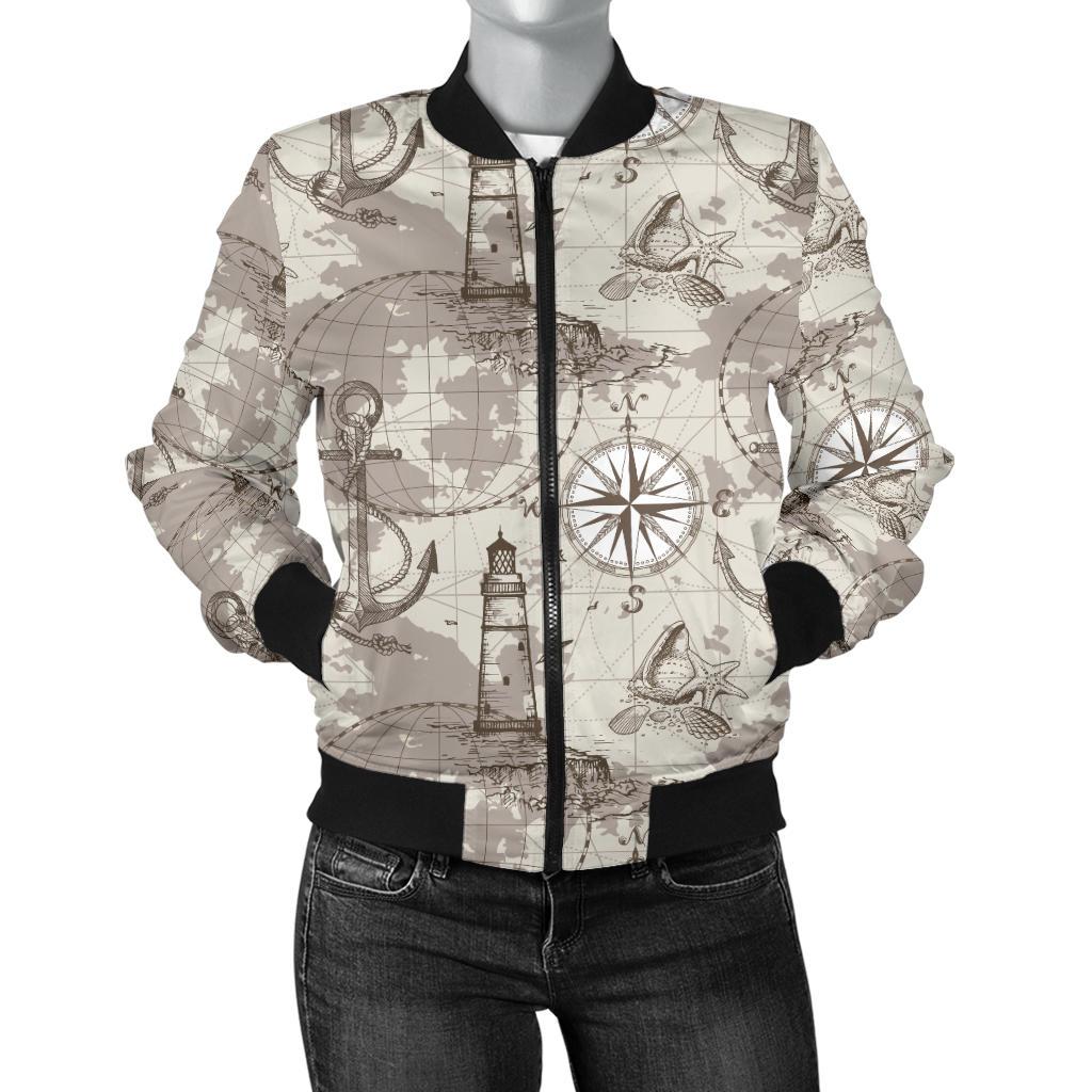 Nautical Map Design Themed Print Women Casual Bomber Jacket