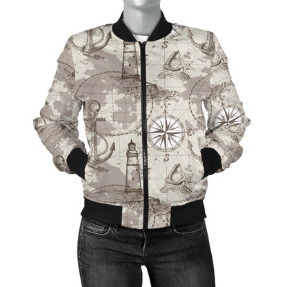 Nautical Map Design Themed Print Women Casual Bomber Jacket