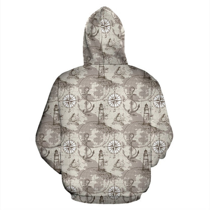 Nautical Map Design Themed Print Zip Up Hoodie