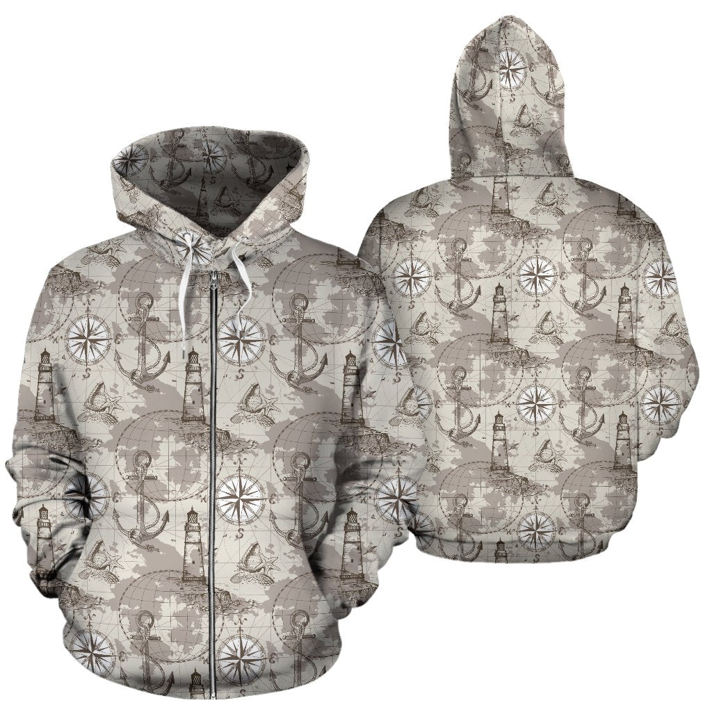 Nautical Map Design Themed Print Zip Up Hoodie