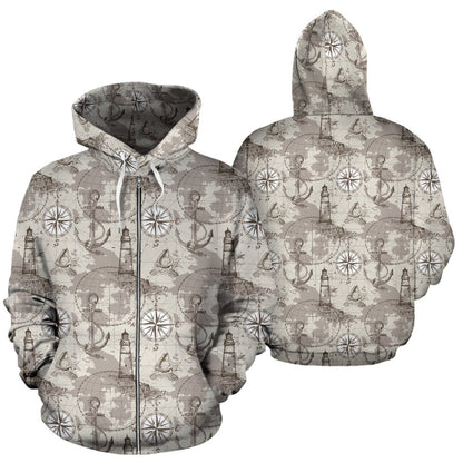 Nautical Map Design Themed Print Zip Up Hoodie