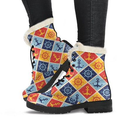 Nautical Pattern Design Themed Print Faux Fur Leather Boots-JTAMIGO.COM
