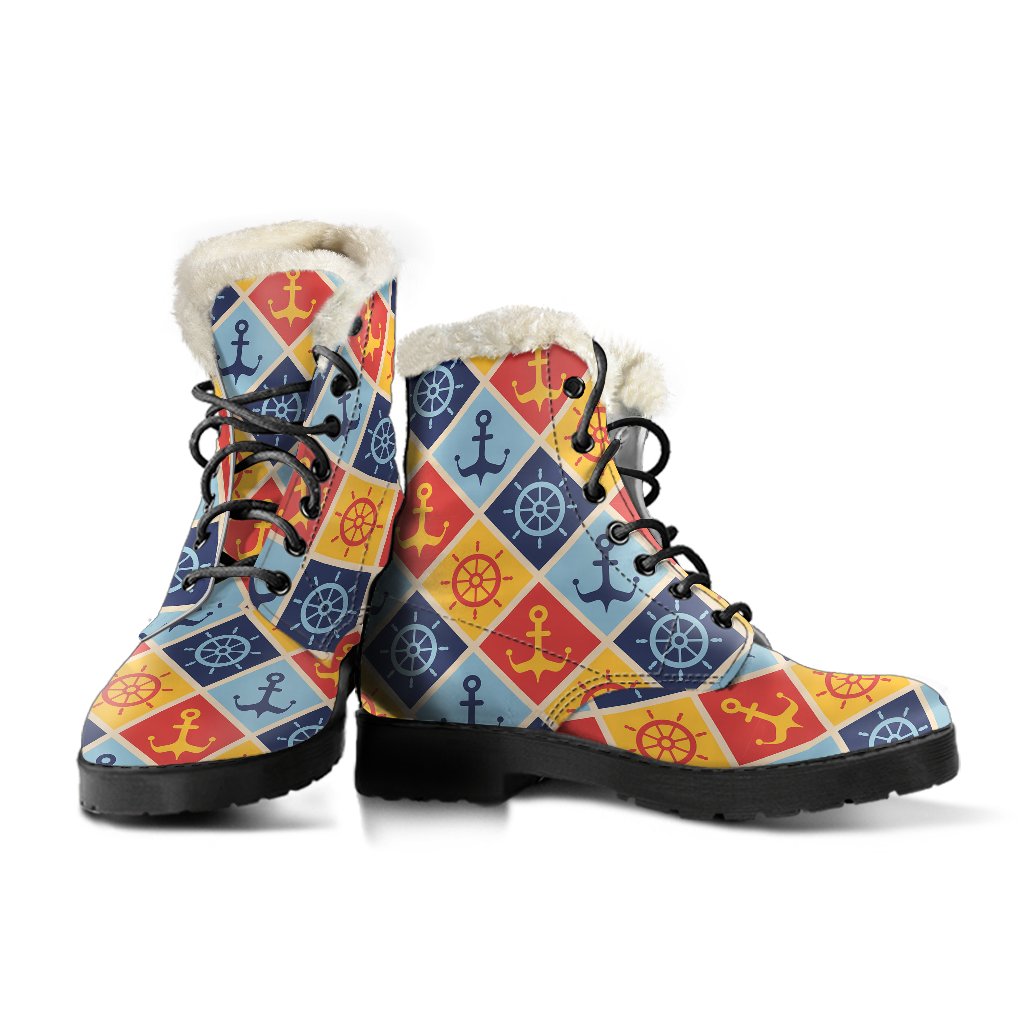 Nautical Pattern Design Themed Print Faux Fur Leather Boots-JTAMIGO.COM