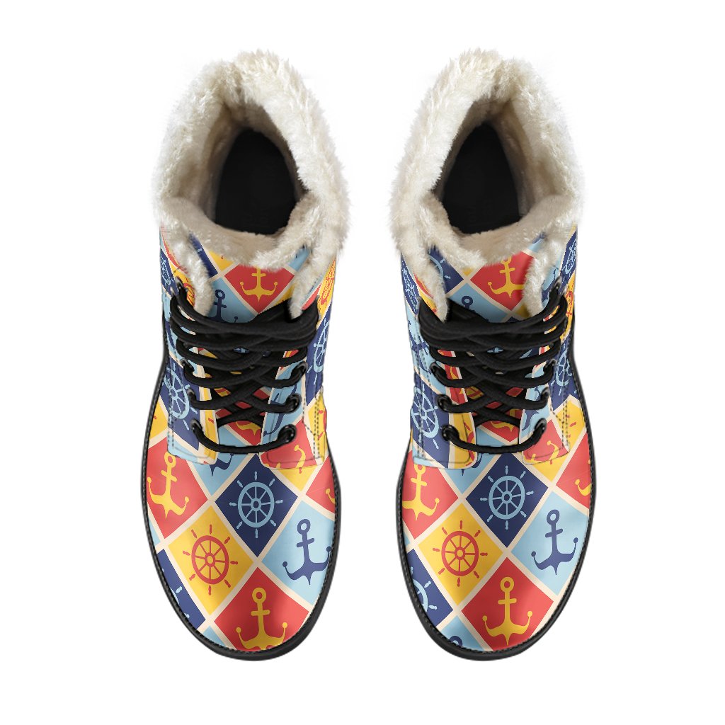 Nautical Pattern Design Themed Print Faux Fur Leather Boots-JTAMIGO.COM