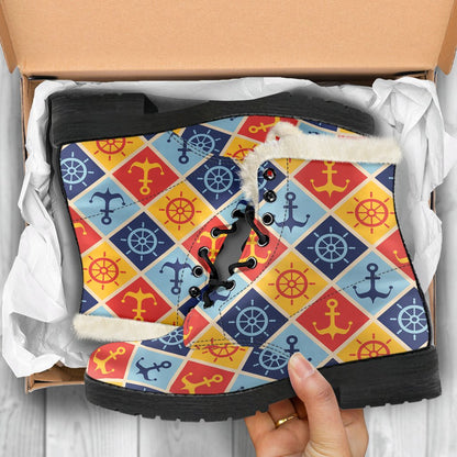 Nautical Pattern Design Themed Print Faux Fur Leather Boots-JTAMIGO.COM