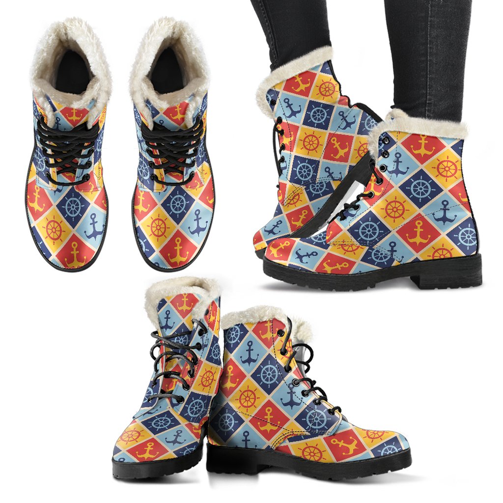 Nautical Pattern Design Themed Print Faux Fur Leather Boots-JTAMIGO.COM