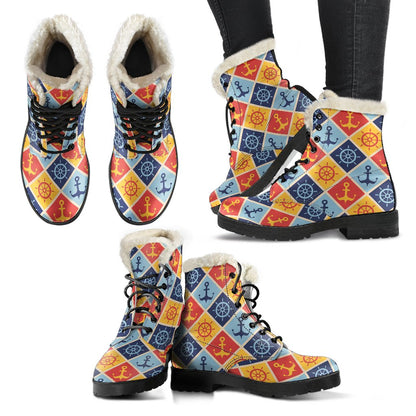 Nautical Pattern Design Themed Print Faux Fur Leather Boots-JTAMIGO.COM