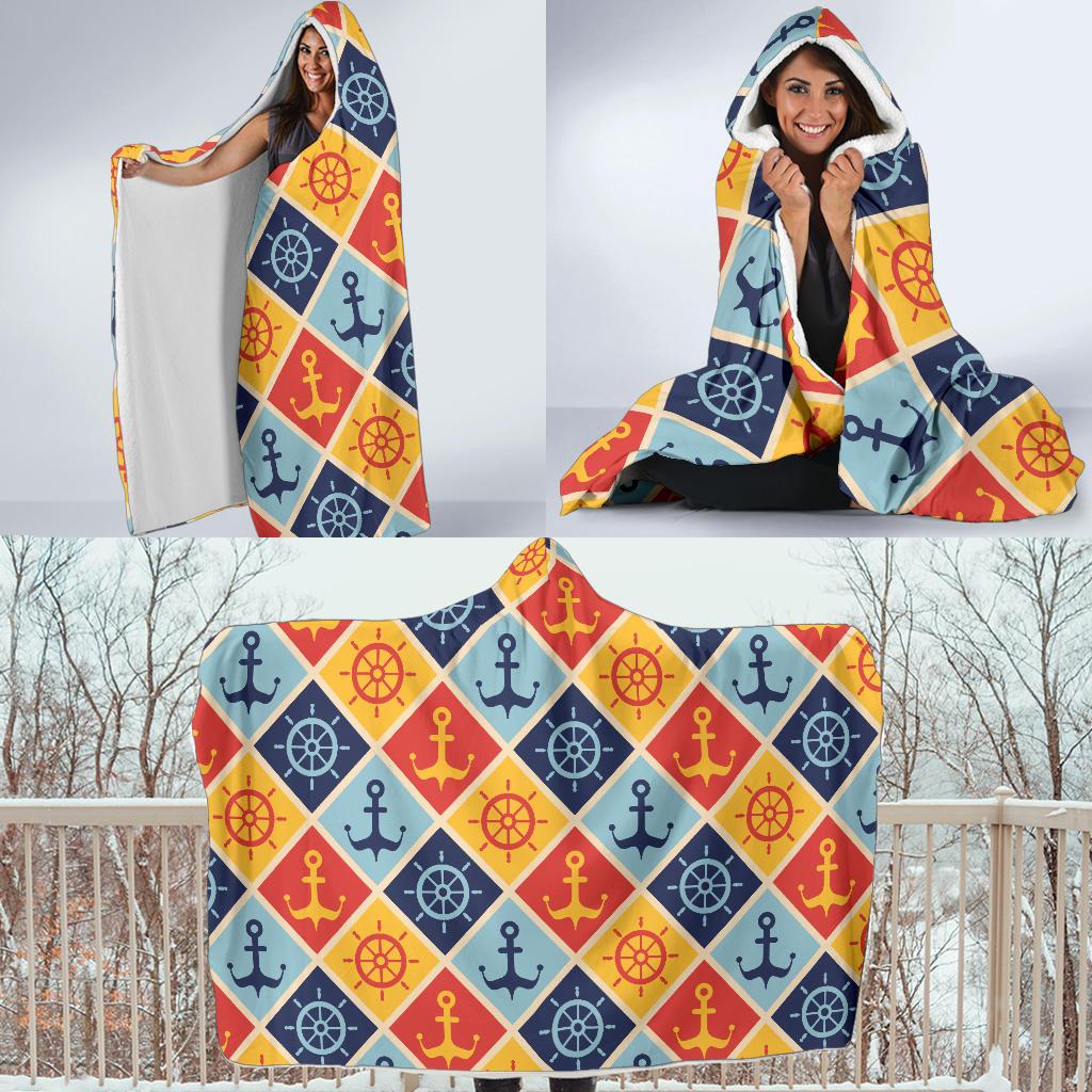 Nautical Pattern Design Themed Print Hooded Blanket-JTAMIGO.COM